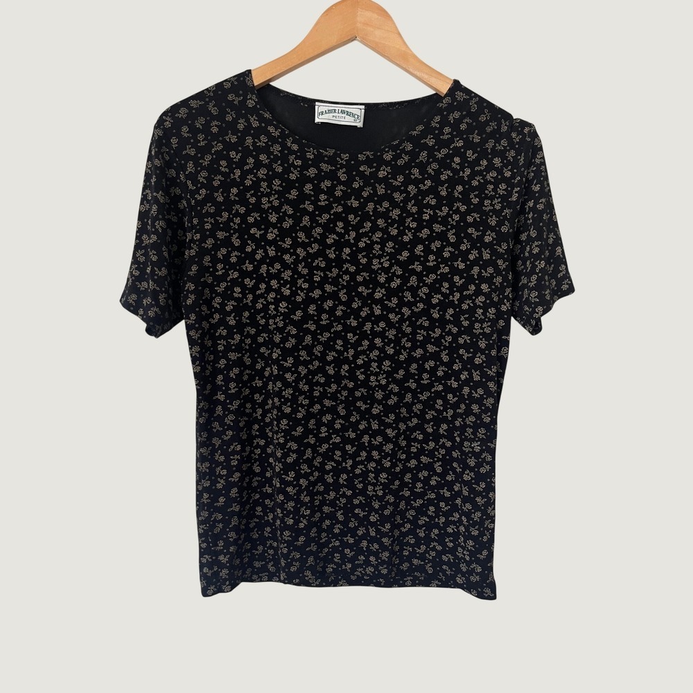 Frazier Lawrence Petite Vintage Black Floral Rose Short Sleeve Blouse Top Sz P